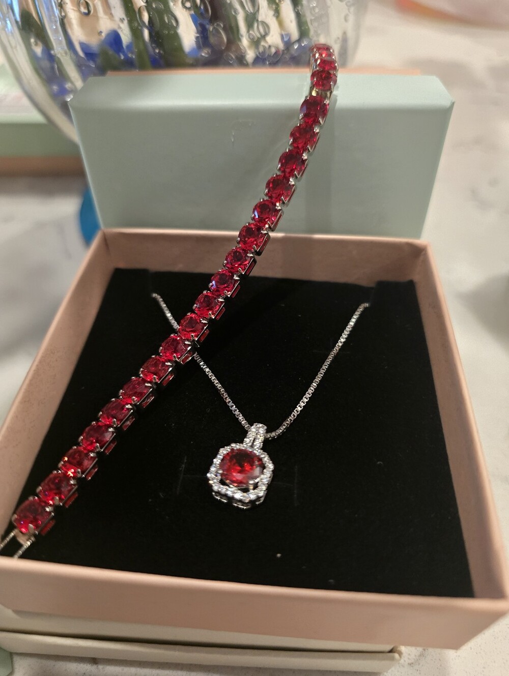 Red Crystal Tennis Bracelet and Pendant Necklace Set - Women's Jewelry